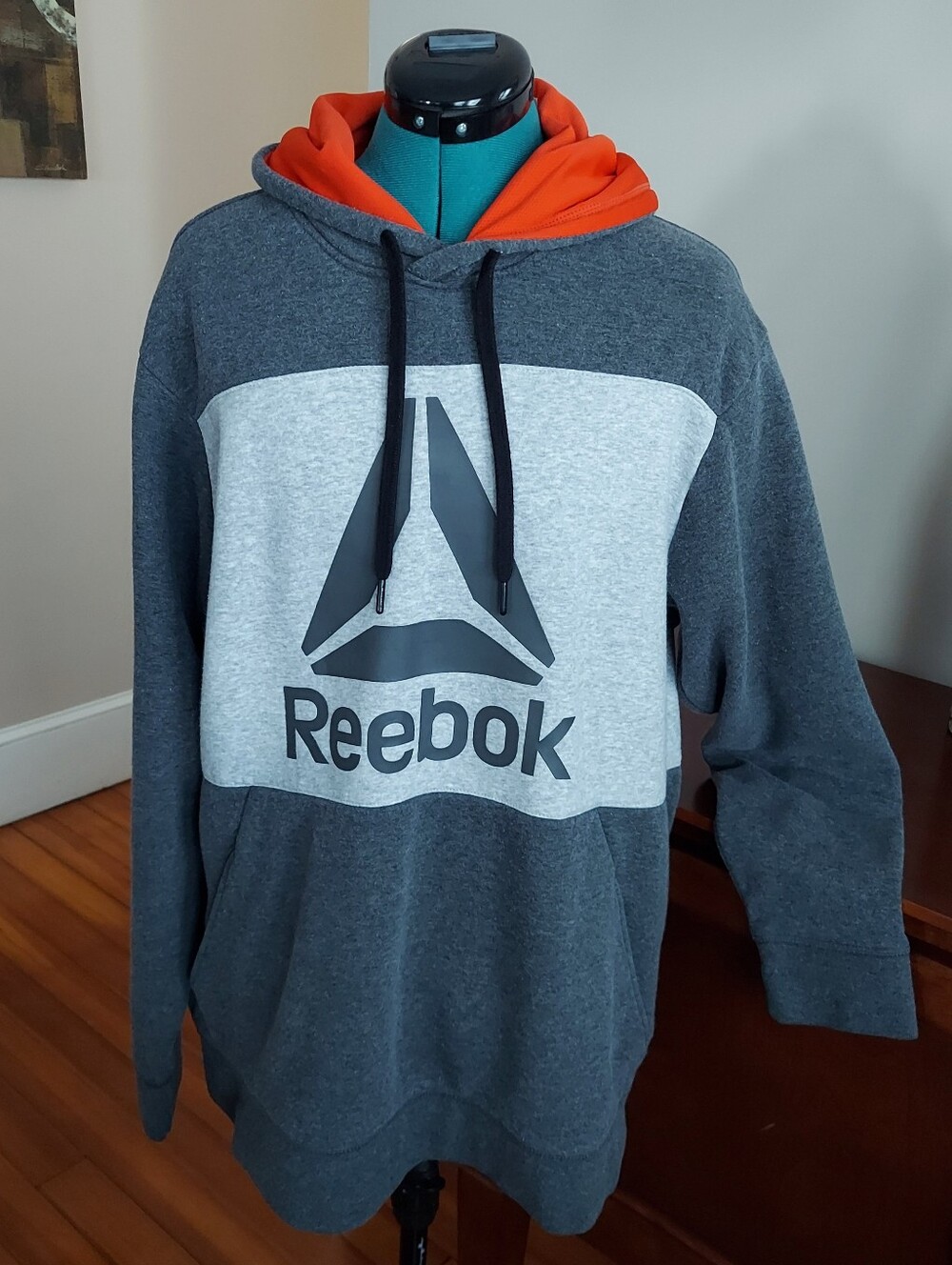 Reebok Men's Gray and Light Gray Colorblock Hoodie with Orange Lined Hood XL